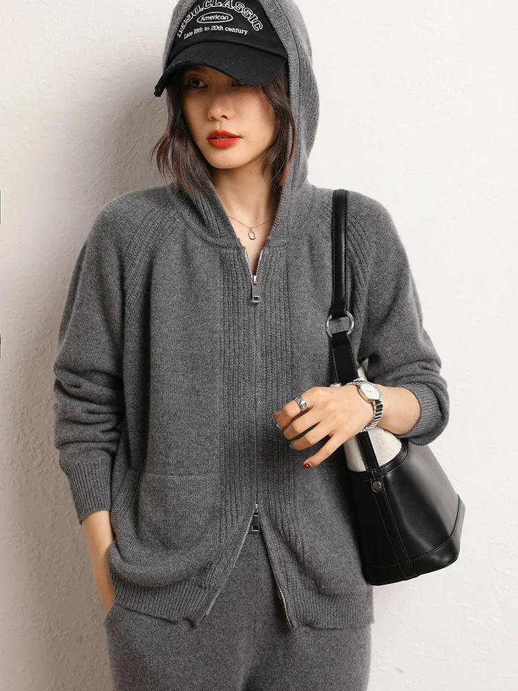 High Quality 100% Cashmere Thick Cardigan Women Autumn Winter Sweater Comfort Zippers Casual Knitted Hoodie Korean Fashion Tops