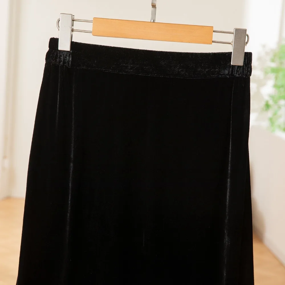 2025 Women's Autumn New Style 30% Natural Mulberry Silk Velvet Spliced Mesh High Waist Temperament Versatile Bag Hip Skirt