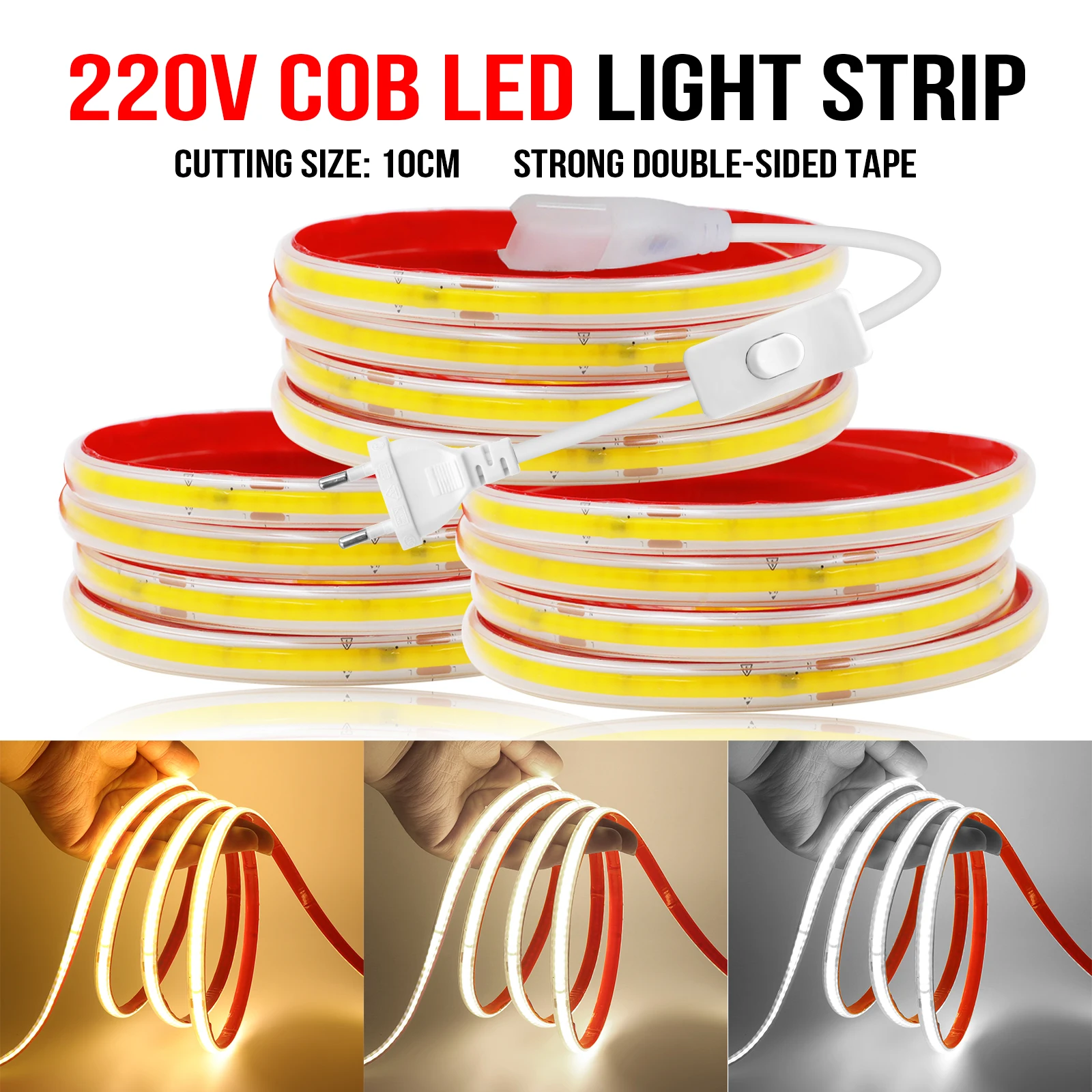 Led Strip Lights 220V High Bright 240LED COB Led Light IP65 Waterproof Adhesive Flexible Ribbon for Room Outdoor Garden Lighting