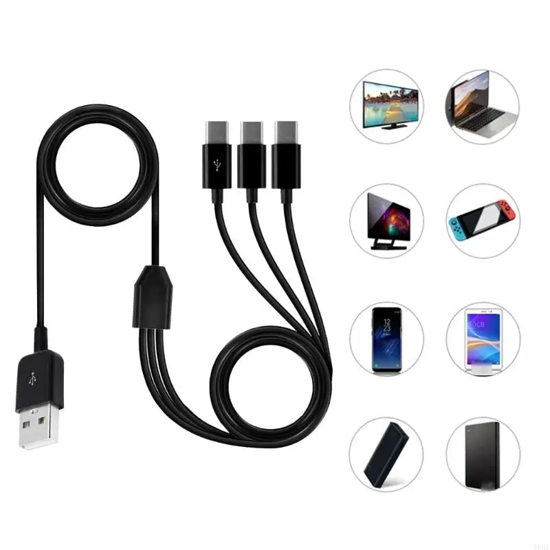 Y08D USB 2.0 tipo A macho a 3 tipo C macho divisor Y cable adaptador conector carga y sincronización datos 0,3