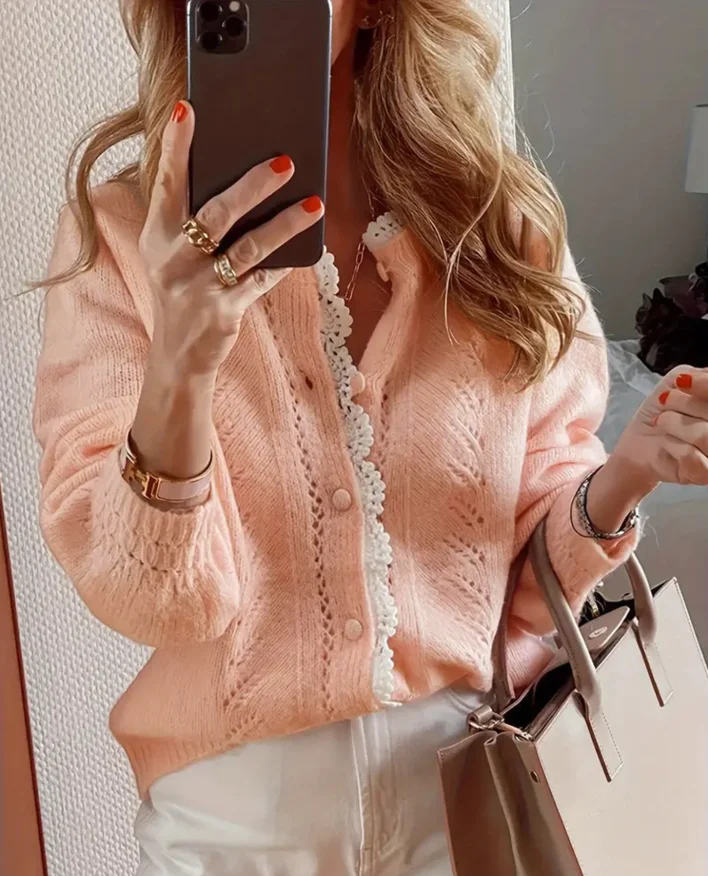 الخريف والشتاء أزياء أنيقة طويلة الأكمام الدانتيل خليط سترة محبوكة سترة W15 #1