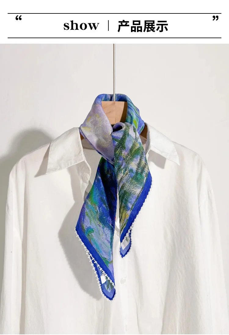 100% silk scarves woman handkerchief Spain style blue oil painting print square scarf pure silk bandanna woman accesories