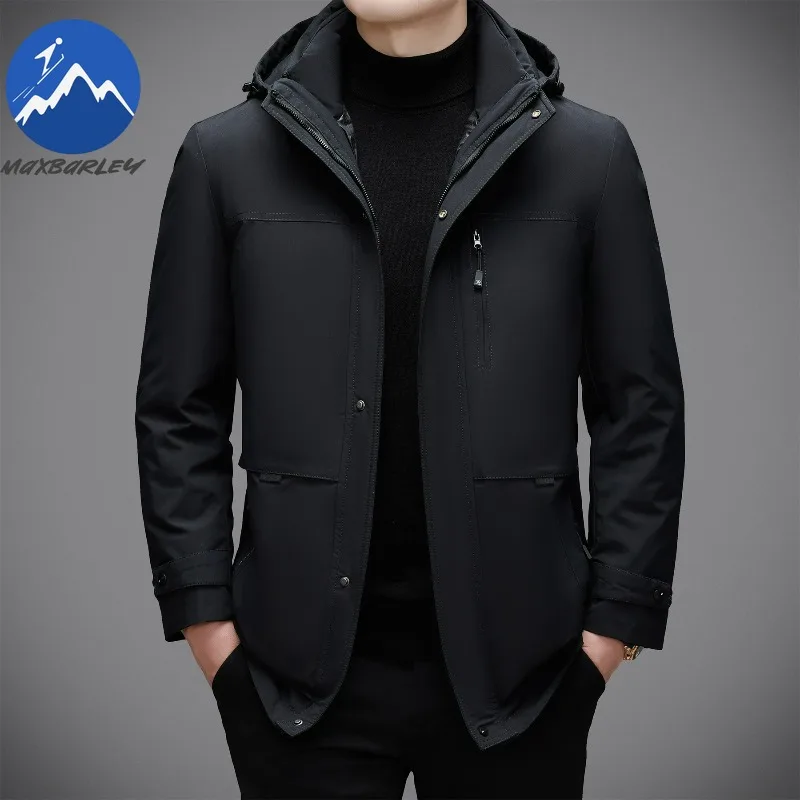 Maxbarley  Mens Down Jacket Thickened Business Casual Lightweight Padded Jacket Trendy Detachable Hooded Outdoor Winter Coats