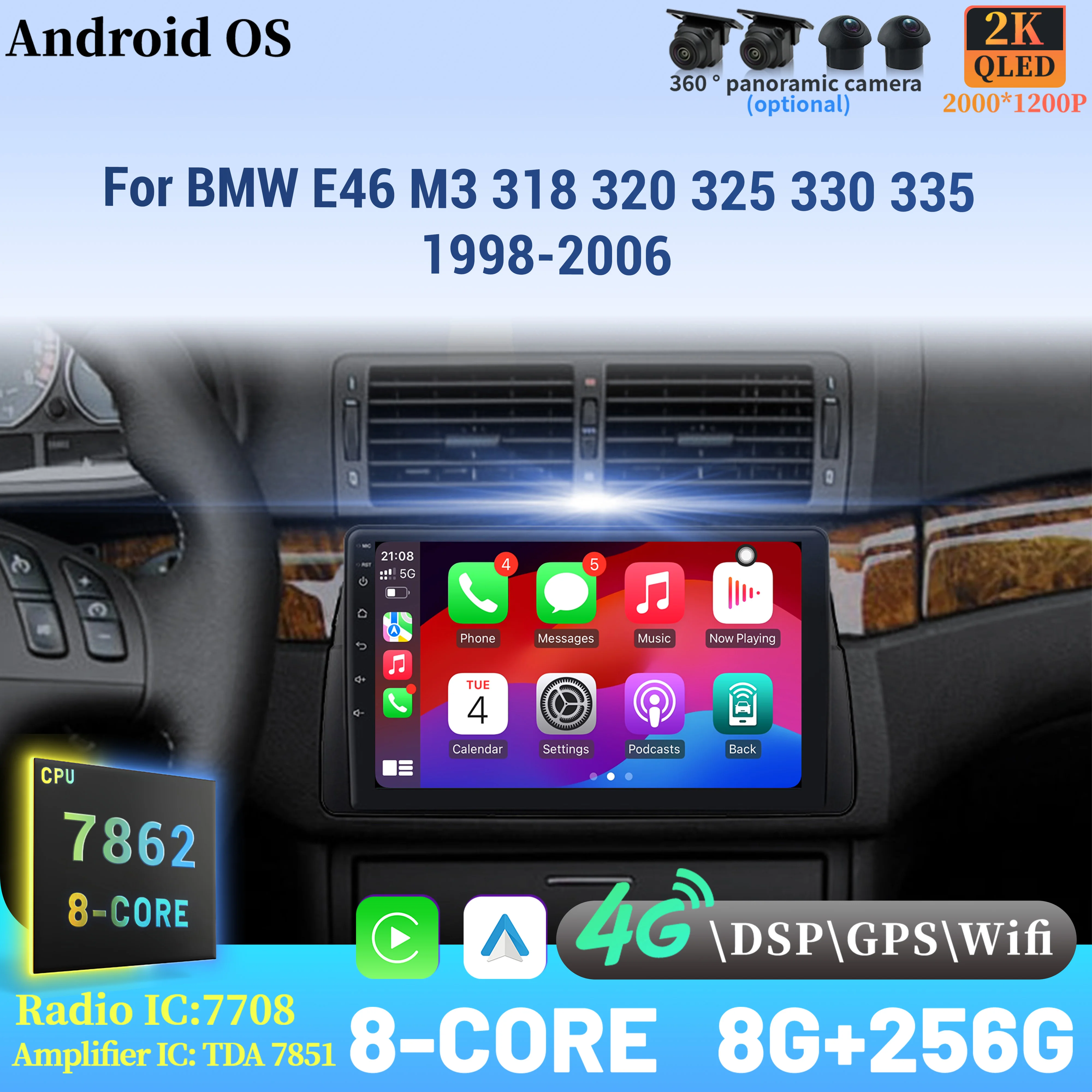 

For BMW E46 M3 318 320 325 330 335 1998-2006 Wireless CarPlay Android 14 Radio Car Multimedia Player 7862 8+256 Touch Screen