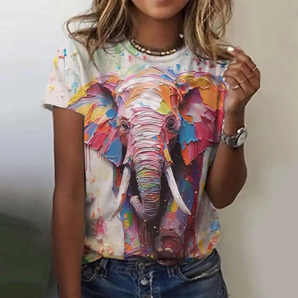 Summer Elephant 3D Print T-shirts Women Streetwear Animal Casual Fashion Y2k Short Sleeve T Shirt O-neck Tees Tops Clothing