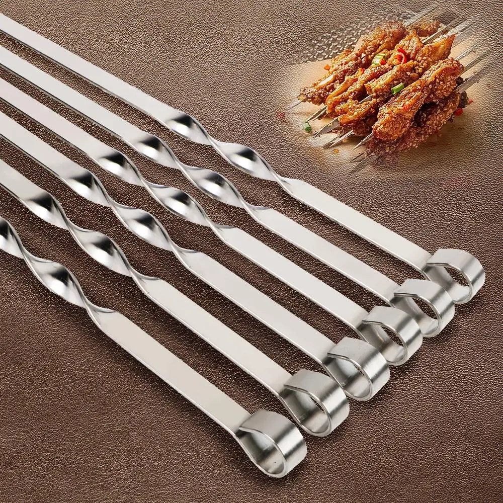 

6pcs Stainless Steel Barbecue Skewer Flat BBQ Sticks Fork Outdoor Camping Picnic Utensil Kitchen Accessories