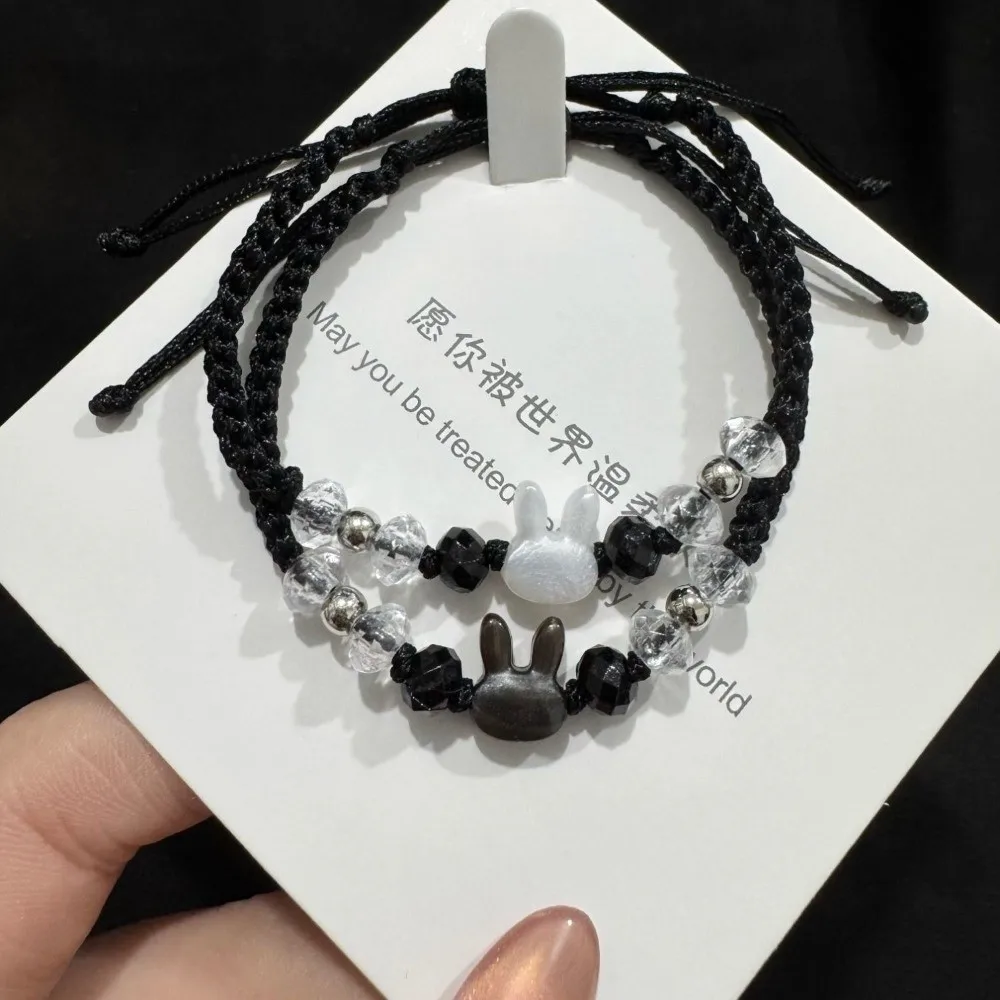 Minimalist Design Couple Bracelet Moonstone Obsidian Cute Rabbit Woven Bracelet Black White Beaded Cat Bracelet Party Jewelry
