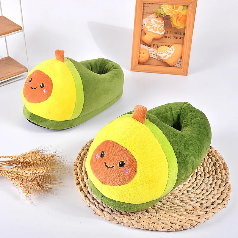 Cotton Slippers Creative Avocado Plush Slippers Autumn Winter Home Size Cotton Slippers Cartoon Animation Indoor Warm Slippers