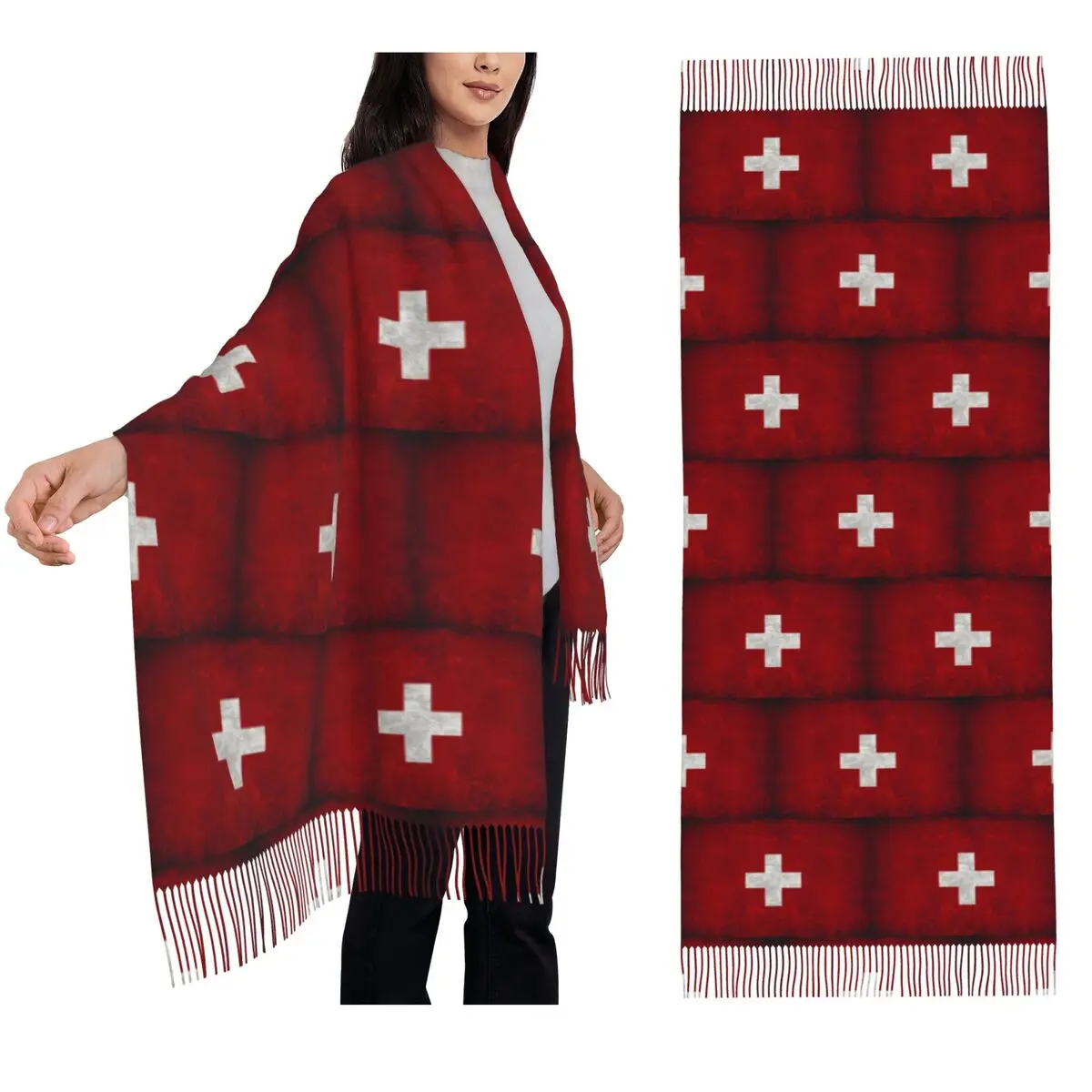 

Swiss Switzerland Flag Scarf Tassel Scarves for Women Soft Warm Shawls and Wraps Long Fall Winter Shawl Wrap