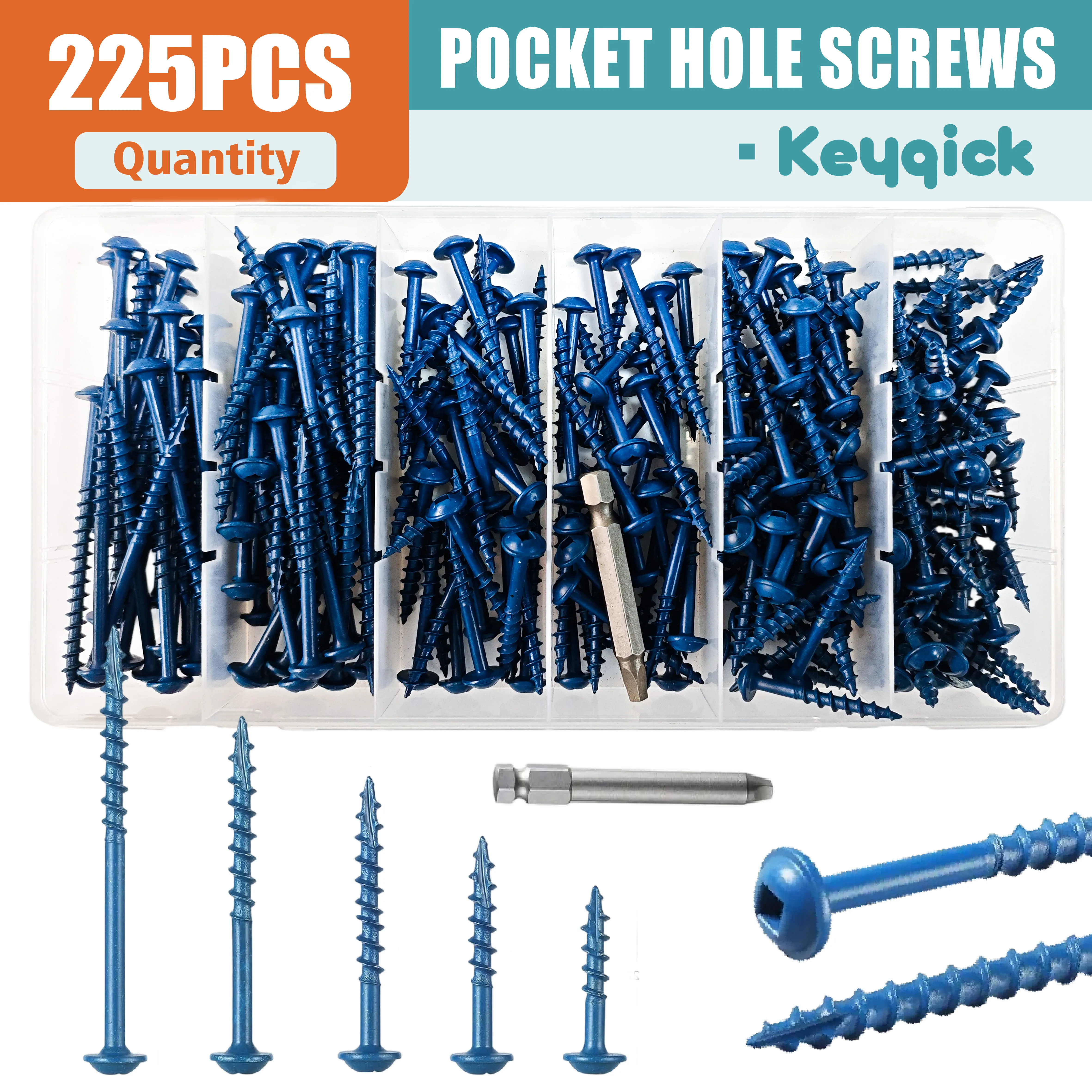 225pcs Square Hole Screw Combination, 5 Sizes, #8 Pocket Screw, Blue Anti Rust Coated Pocket Hole Screw, Used for External, Square Drive, Including Drive Head, Multifunctional Durable Wood Screws, Suitable for Home/Indoor Assembly Projects