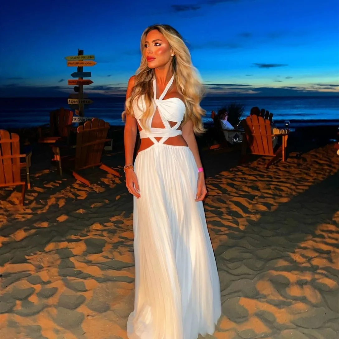 

Customized Sexy Long White Evening Dresses A-Line Chiffon Pleated Floor Length Zipper Back Prom Dress for Women