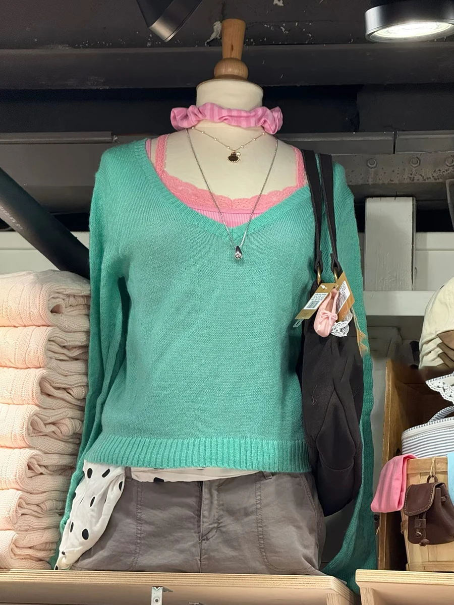 Mint Green V-neck Thin Sweater Woman Autumn New Long Sleeve Cotton Slim Crop Top Female Solid All-match Sweet Pullover Tops Y2k