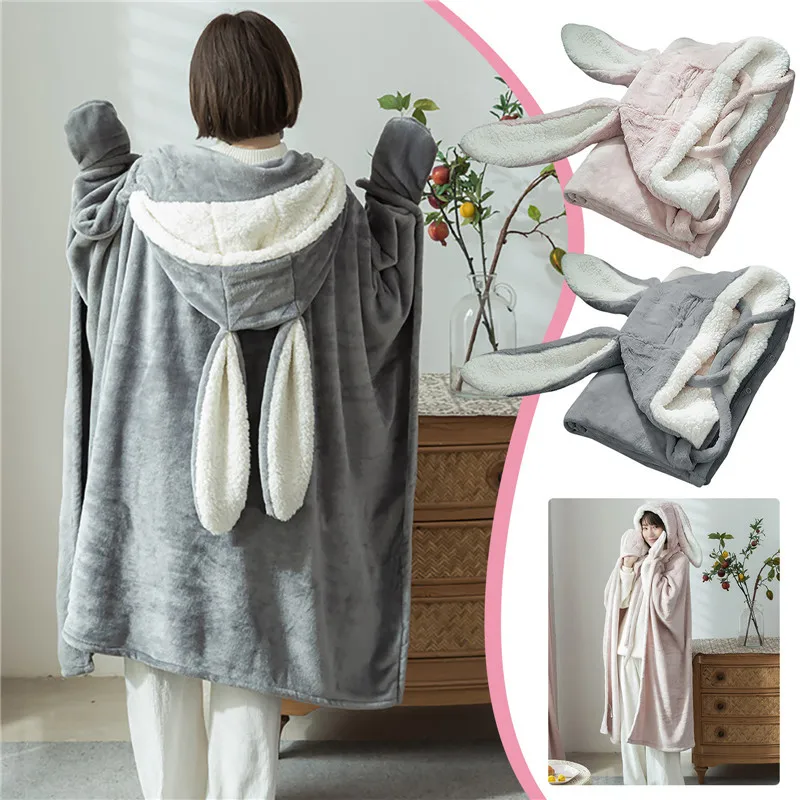 Niedliche Hasen-Kuscheldecke mit Kapuze, Weiche Plüsch-Sofadecke mit Langen Ohren, Hautfreundliche Einfarbige Sherpa-Decke, Warme Heimtextilien