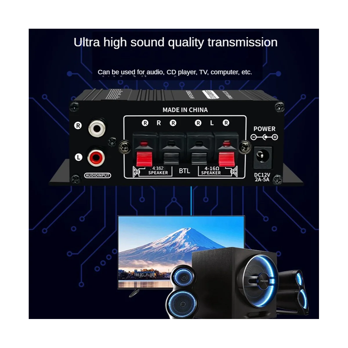 Mini Amplificador de Potência HiFi, AK-270, AK270, 12V, Áudio Home Car Theater, 2 canais, USB, SD, Entrada AUX