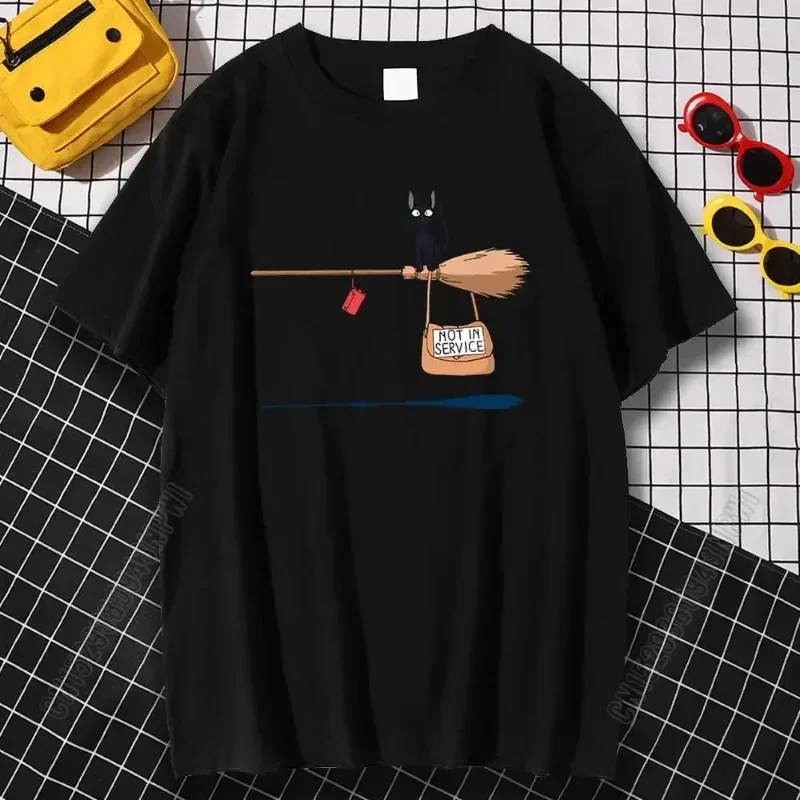 Unisex Short Sleeve T‑Shirt Cartoon Black Cat Magic Broom Creative Graphic Crew Neck Casual Summer Interesting Design Daily Tops