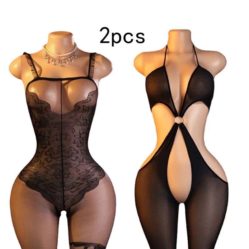 2-Piece Set – Black Sexy Cut-Out Fishnet Bodysuit; Bold, Revealing, and Alluring Lingerie.