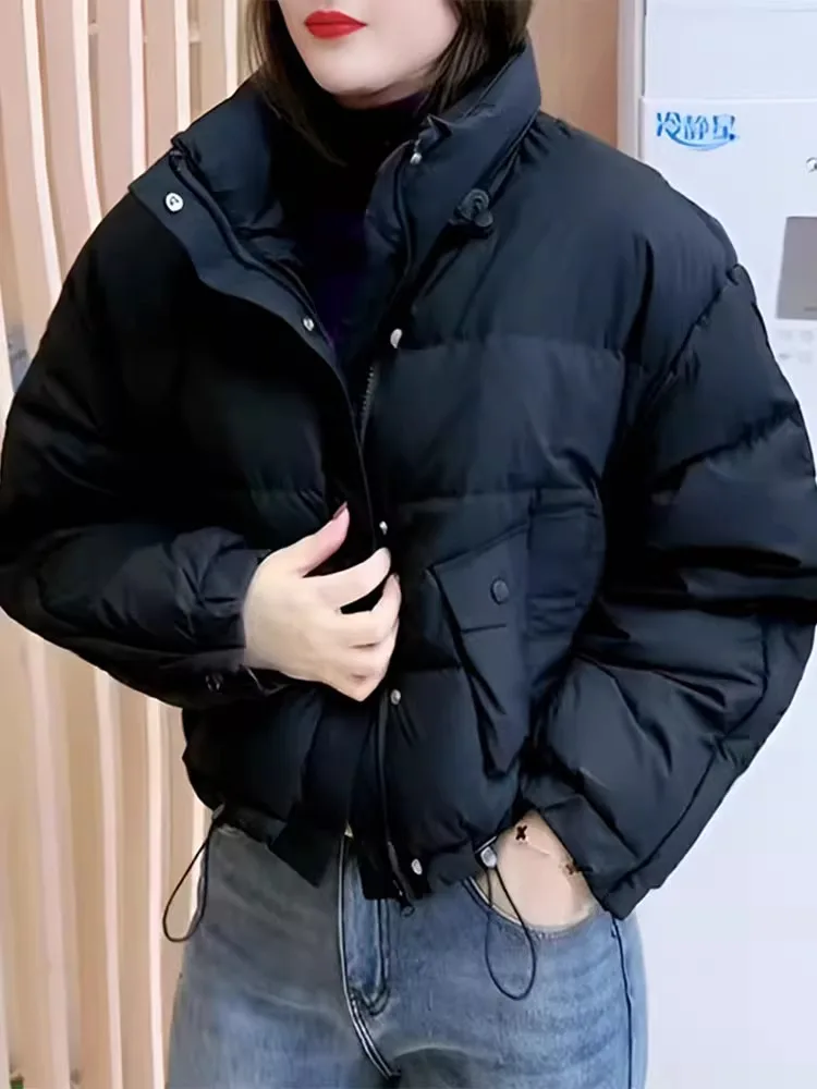 Casaco de Inverno Feminino com Gola Alta em Algodão, Tamanho Pequeno, com Capuz, Estilo Coreano, Corte Solto