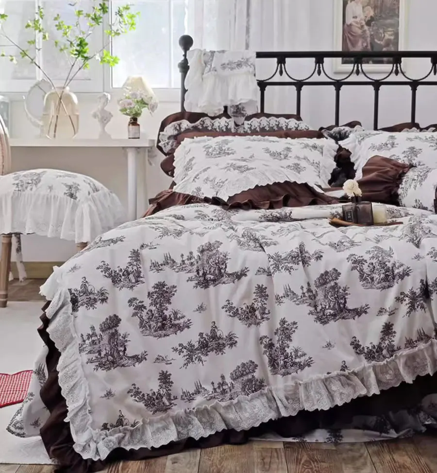 French retro scenery coffee bed set,full queen king european vintage ruffled lace home textile bedspread pillow case duvet cover