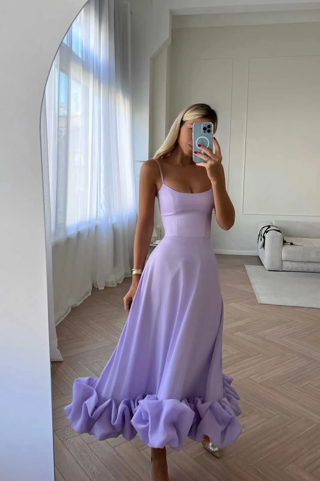 Vestido largo de verano para mujer, traje liso con tirantes finos, dobladillo con volantes, elegante, corte en A, 2023