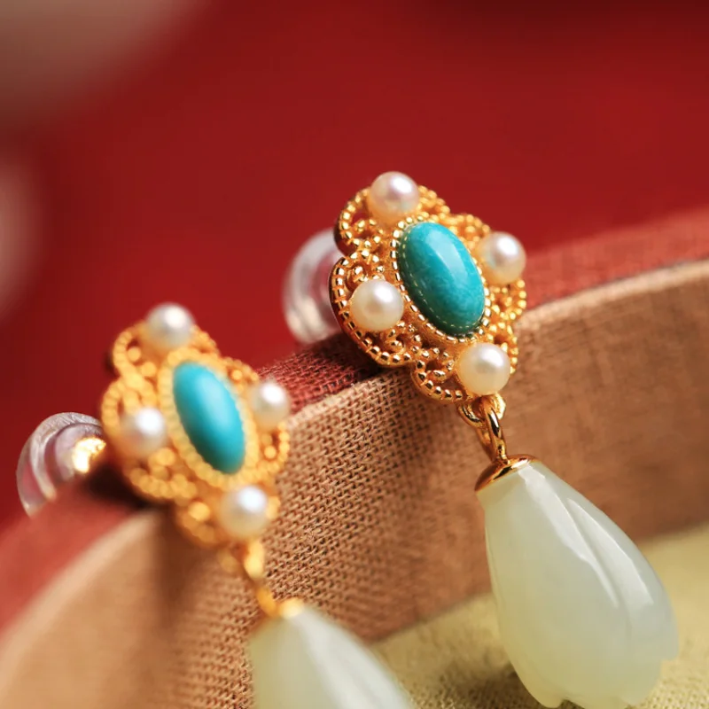 Natural Hetian jade orchid earrings for women Chinese style exquisite turquoise pearl classic charm Wedding jewelry