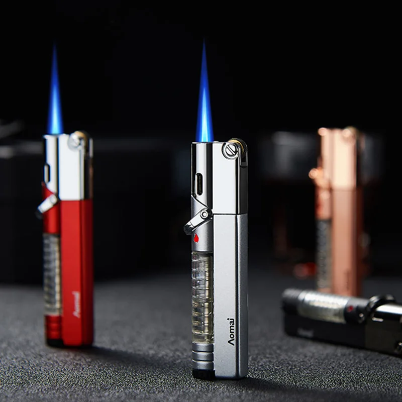 Aomai Windproof Butane Gas Lighter Blue Flame Visual Gas Chamber Locking Flame Men's Gift with Grinding Wheel Torch