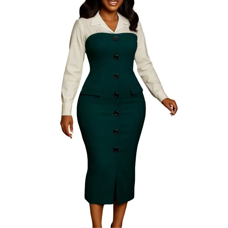 Autumn and winter women's fashion professional long-sleeved suit collar splicing bag hip pencil skirt foreign trade dress 2025