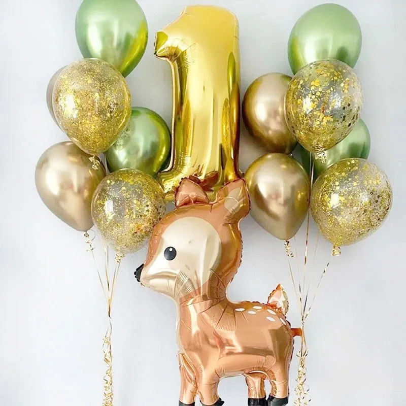 15pcs Gold Number Sika Deer Animal Foil Balloons Birthday Party Decorations Kids Girl Boy 1 2 3 4 5 6 7 8 9 Year Old Supplies