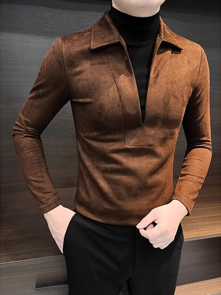 Fashion V-neck Fake Two-piece Contrasting Sweatshirt for Men's Handsome and Versatile Half-high Neck Thermal Inner T-shirt