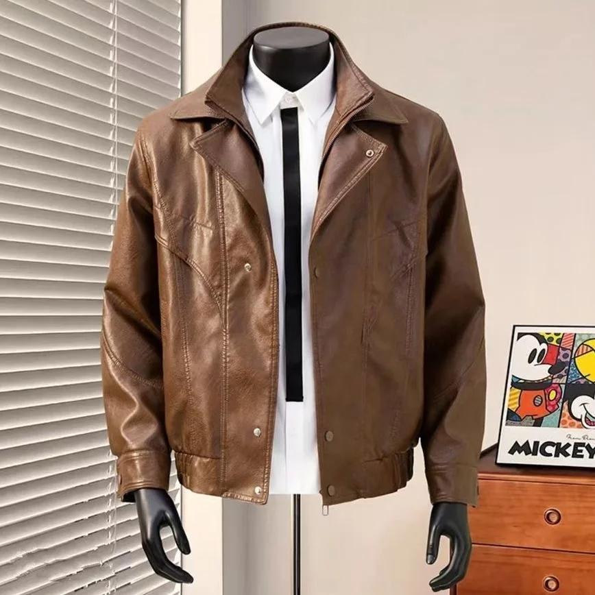 

Retro American PU Leather Jaet Men's ort Fce Lined Motorcycle Sle Stand Collar Autumn Winter Faion Urban Casual Coat