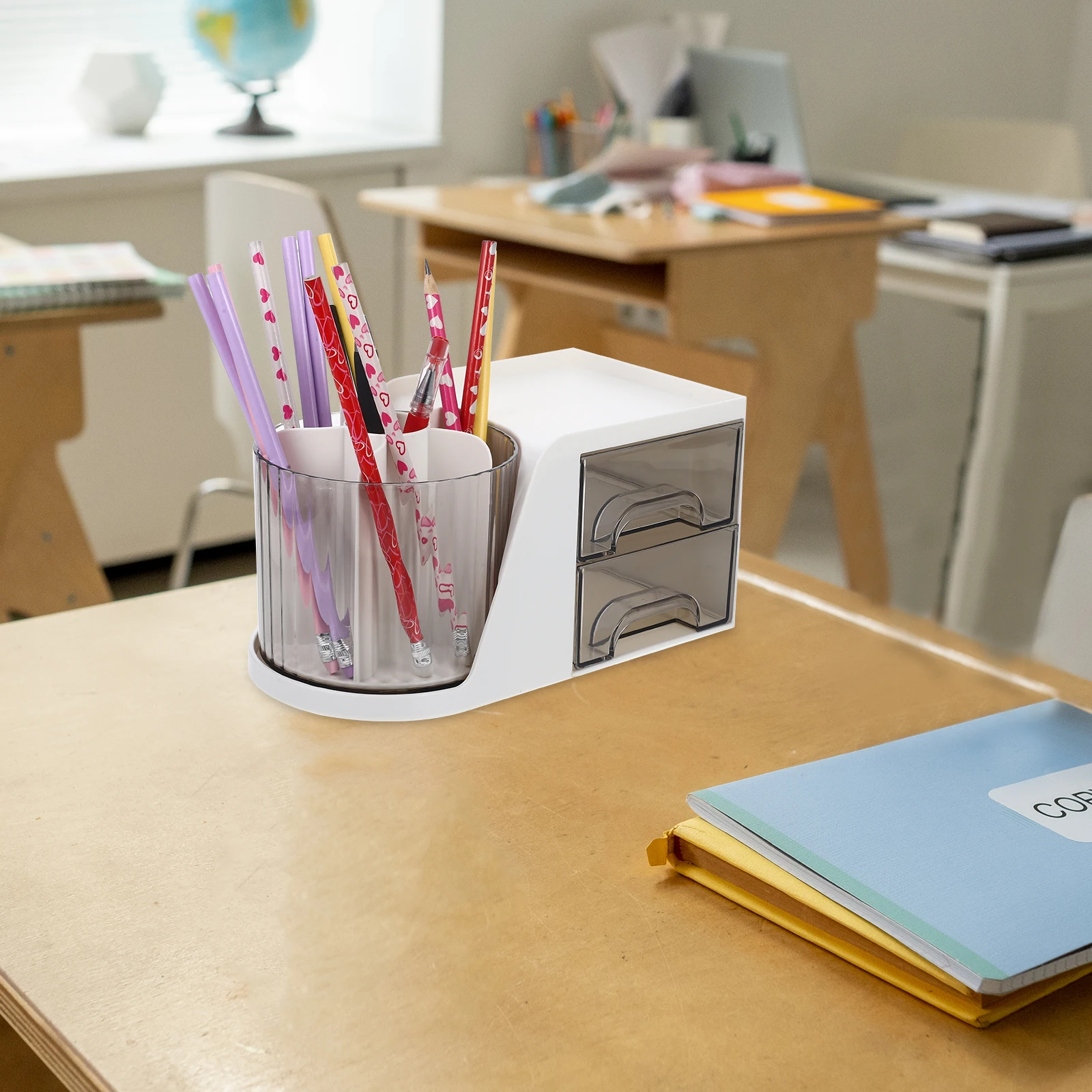 

White Pen Stylish Desk Organizer with Drawers for Stationery Stationery Storage Rack Storage Rack Office Plastic