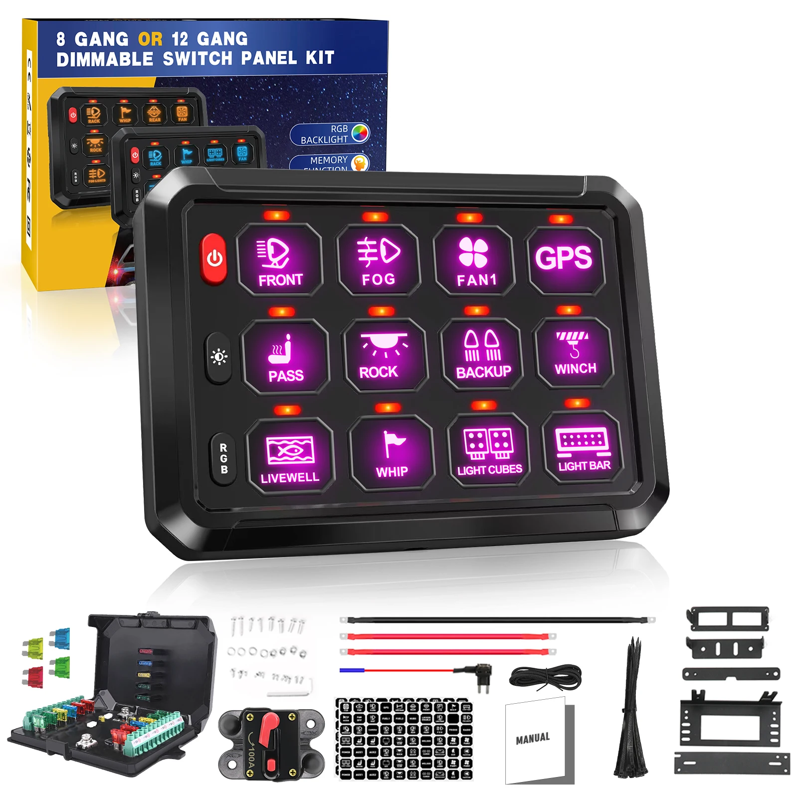 

HAOLIDE 12V 24V RGB LED Switch Panel 12 Gang Rocker Switches with Relay Control for Truck Boat off-road use Switch Controller