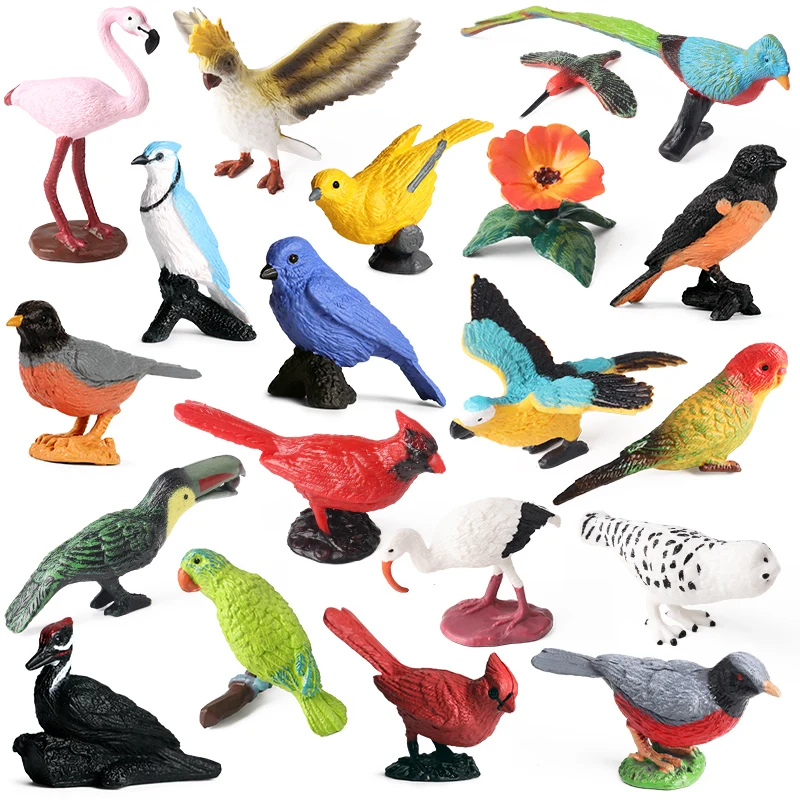 19pcs Mini Bird Figurines Birds Cake Topper Decoration Oriole Robin Cardinal Toucan Parrot Flamingo Model Animal Figure Kid Gift