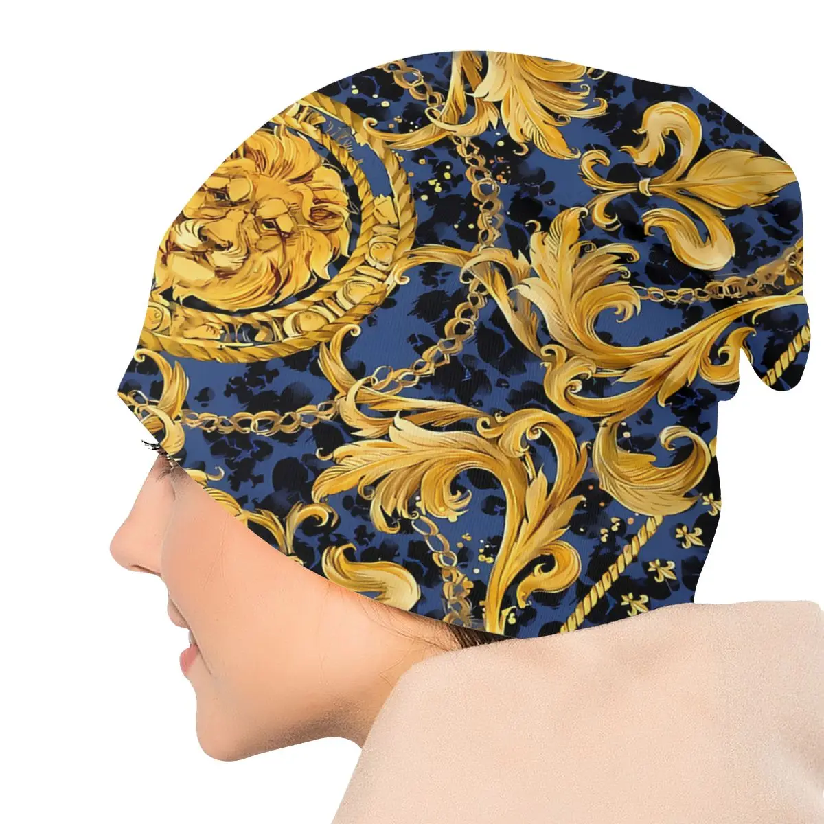 Ornament Bonnet Homme Fashion Thin Skullies Beanies Golden Lion And Damask Caps For Men Women Creative Hats