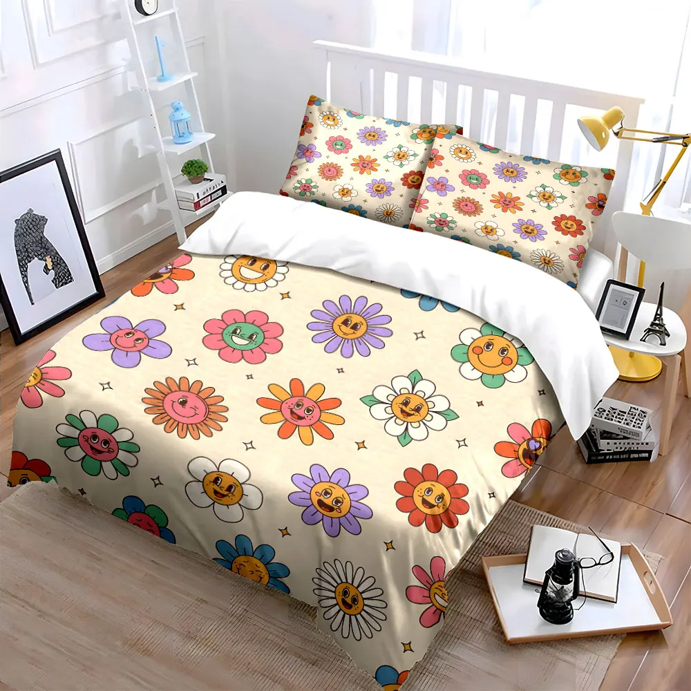 Cartoon smiling flower pattern Print Soft Comfortable Duvet Cover Bedding Set Included 1*Duvet Cover 2*Pillowcases Luxury Gift