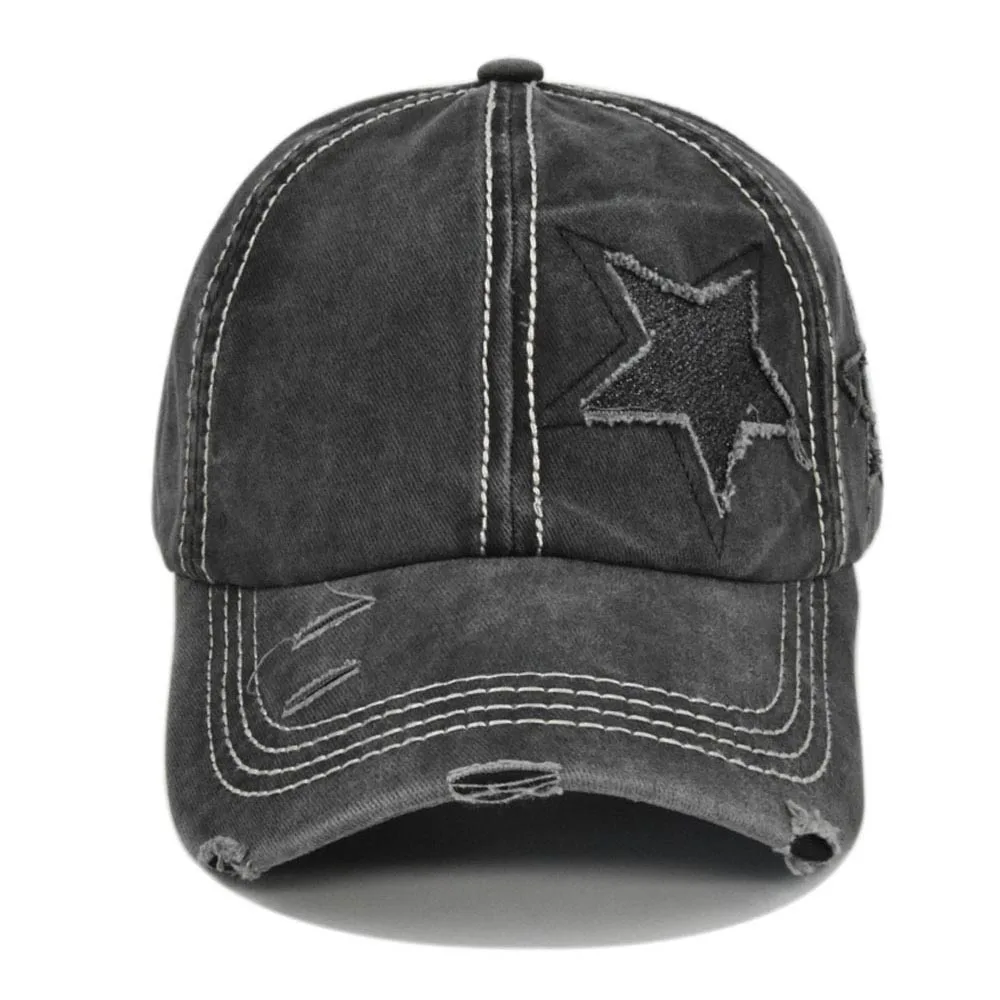 Women Ponytail Baseball Cap Washed Cotton Sun Hat Female Pentagram Sequins Hip Hop Snapback Hats Adjustable Sport Golf Hat Gorra