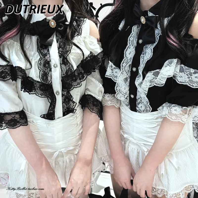 الصيف الدانتيل طبقة مزدوجة الجوف خارج الكتف تحمل قصيرة الأكمام قميص الألغام التلبيب واحدة الصدر بلون قمم قمصان