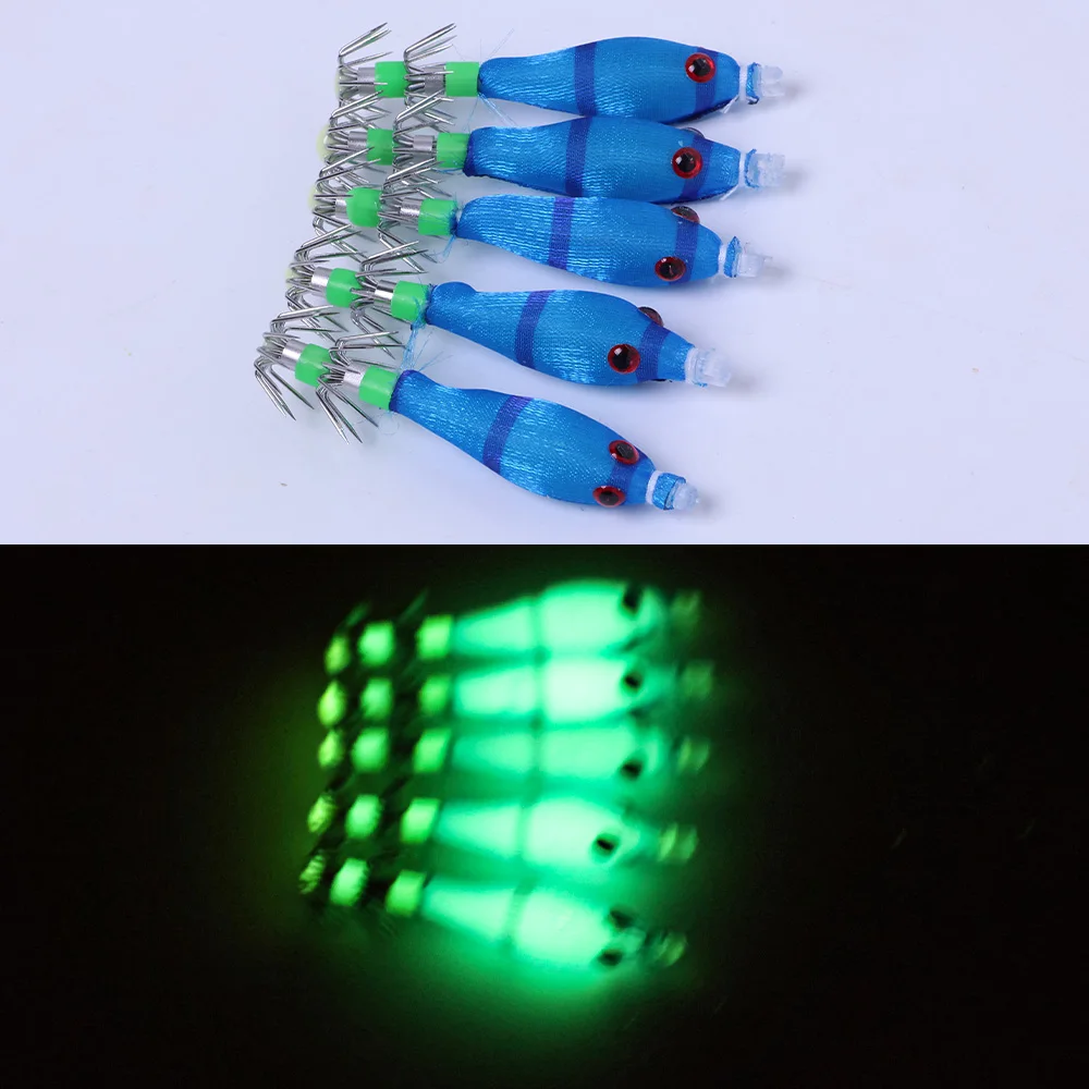 5 Stück/Packung Leuchtende Tintenfisch-Haken, Künstlicher Simulationsköder, Tintenfisch-Klammerhaken, Holzgarnelen zum Angeln mit Blasrohr – Detail 8