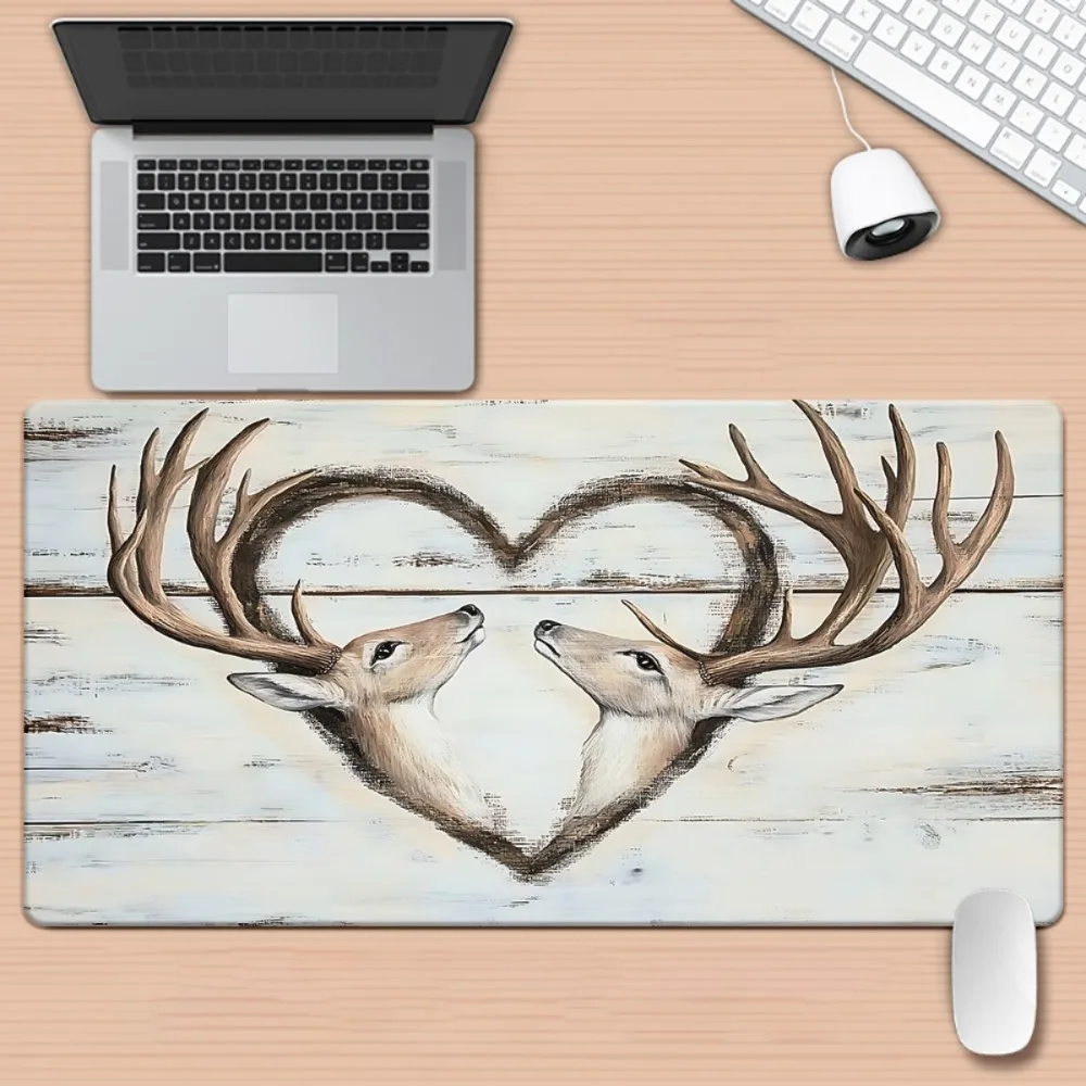 

Rustic Heart Antler Deer Extended Desk Mat, Romantic Deer Couple Gaming Mouse Pad, Non-Slip Large Mousepad for Farmhouse Decor