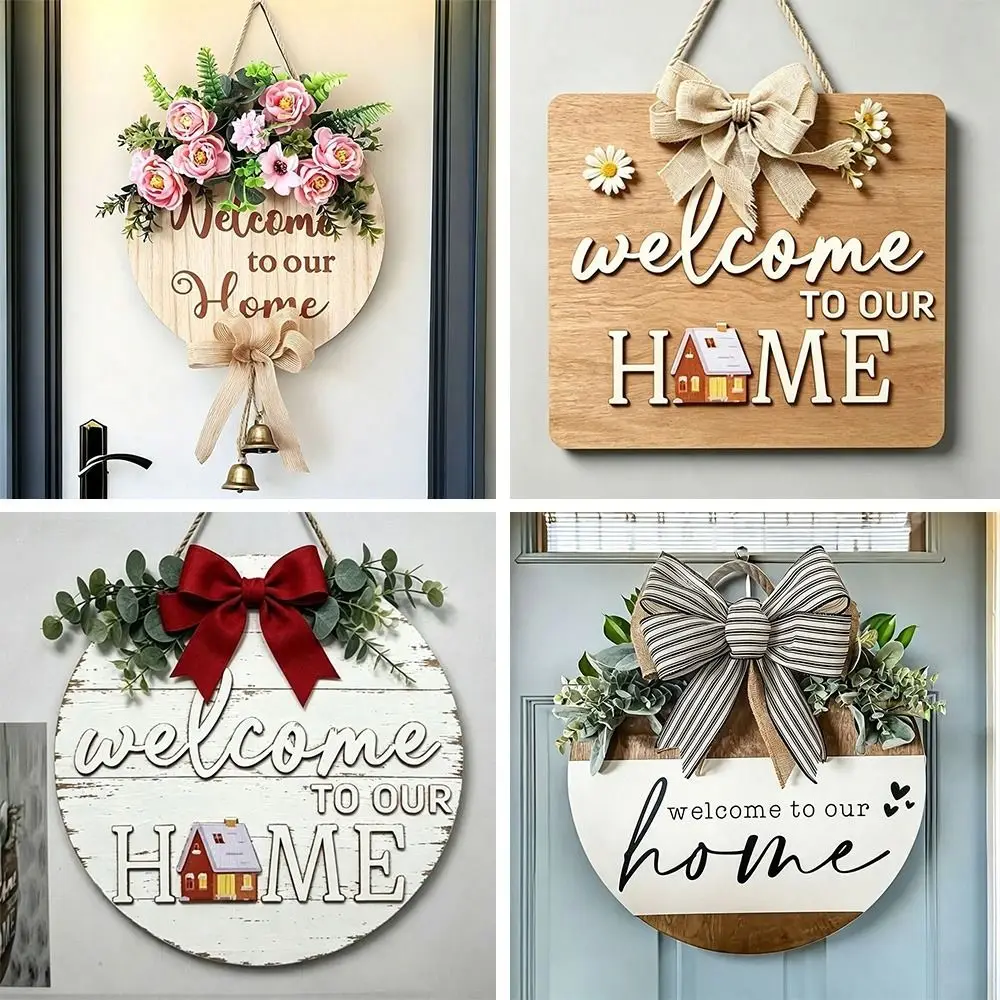 Durable 2D Flat Wooden Door Sign Solid Wood Floral Pattern Wooden Welcome Sign Bow Pattern Hanging Plaque Spring Summer Decor