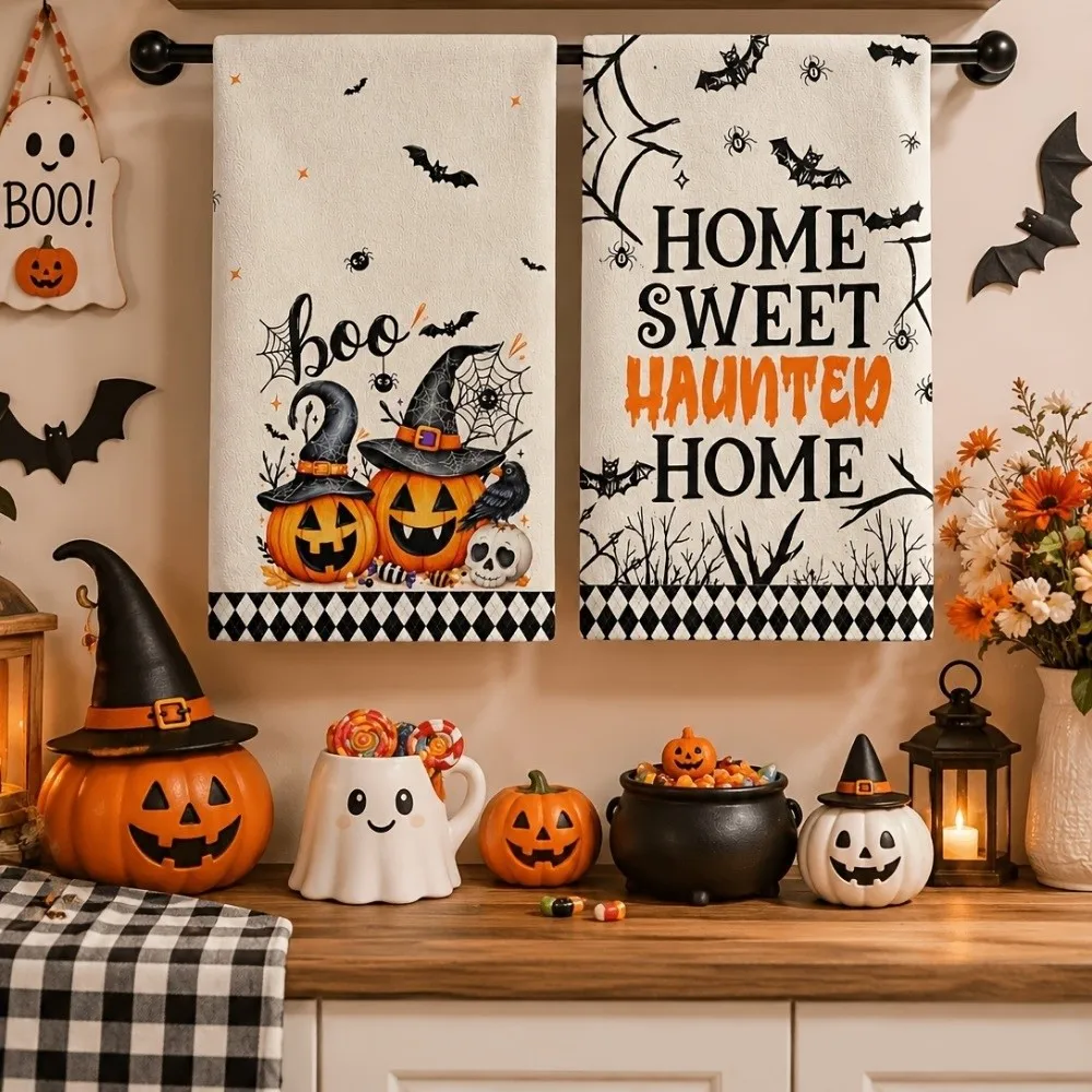 2 pcs Autumn Ghost Halloween Dish Towels Pumpkin Strong Absorbent Hand Towel Cat Funny Kitchen Towel Halloween
