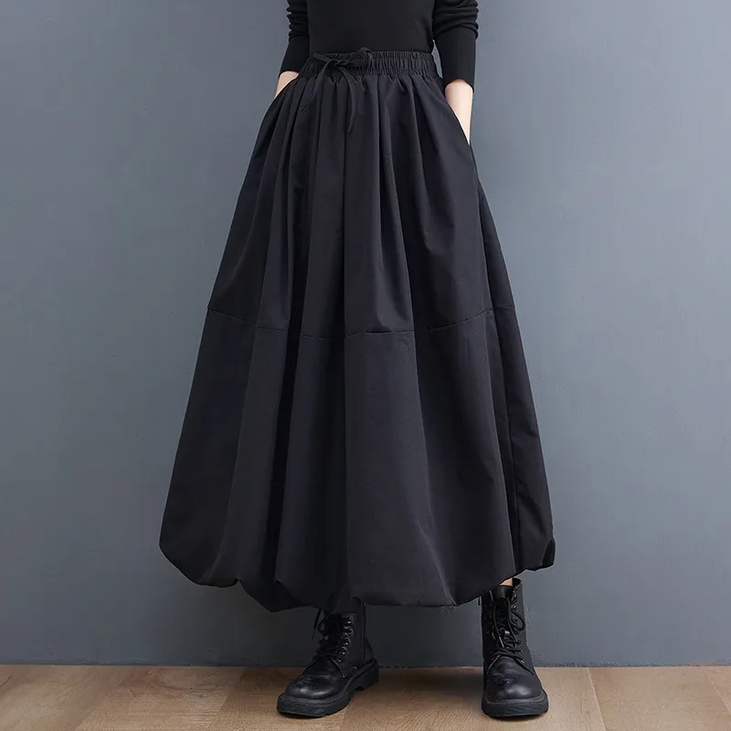 WAKUTA Fashion Versatile Skinny Elastic Waist Half-body Skirt Simple High-waisted Tie Lantern Fluffy Skirt Set Váy Hàn Quốc