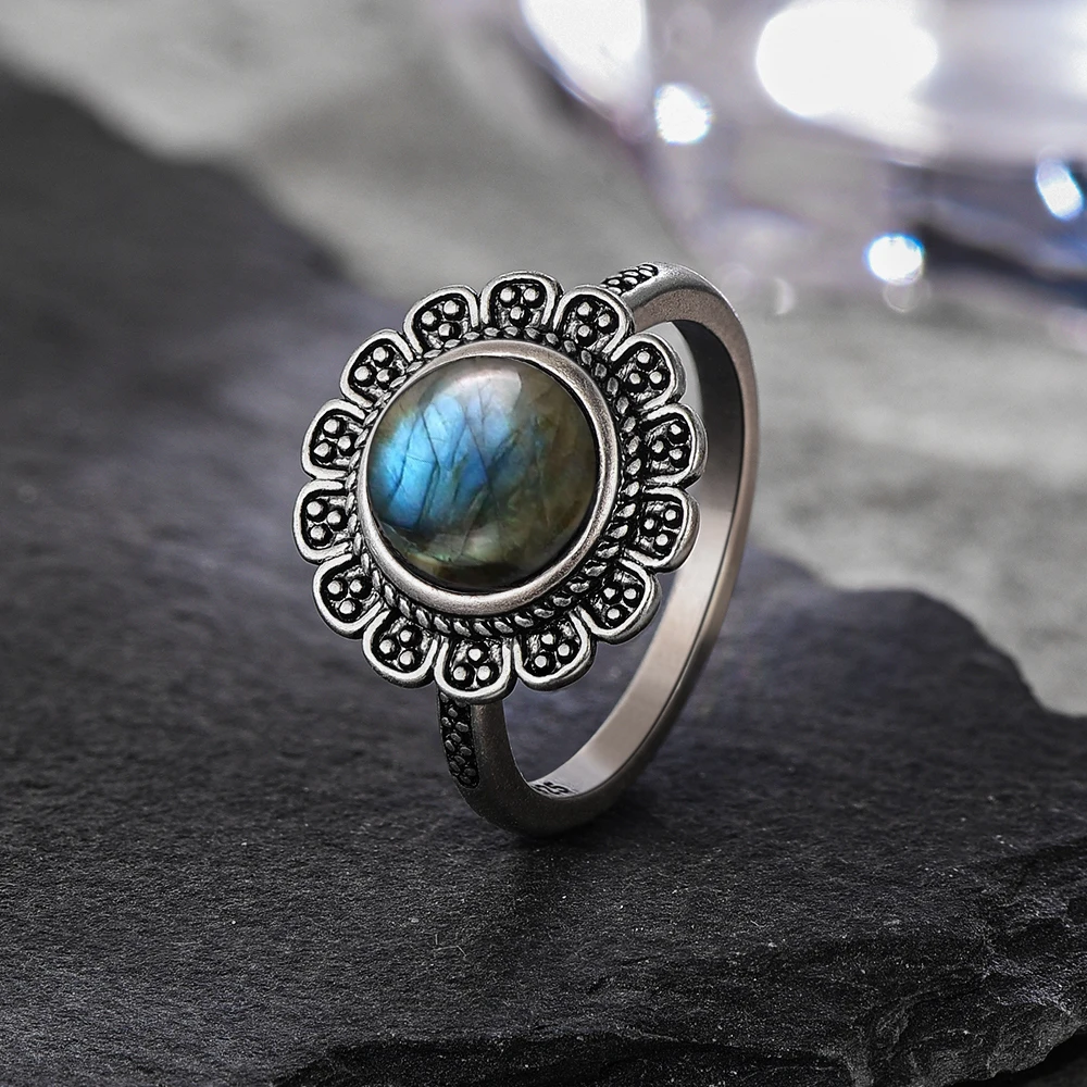 ヴィンテージ S925 スターリングシルバー フラワーリング 8MM ラブラドライト 天然石リング 大きなひまわり型 ファインジュエリー 女性用