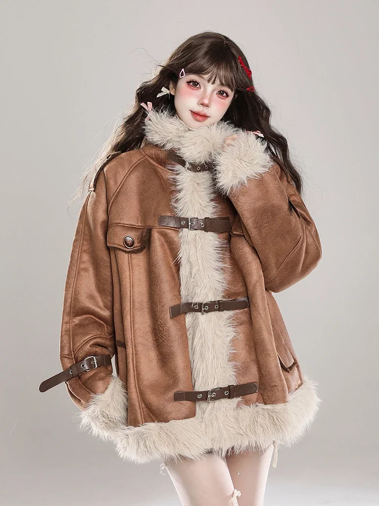 American Retro Fashion Motorcycle Girl Fur Integrated Jacket Thick Plush Warm Loose Casual PU Splicing Short Coats Women Winter