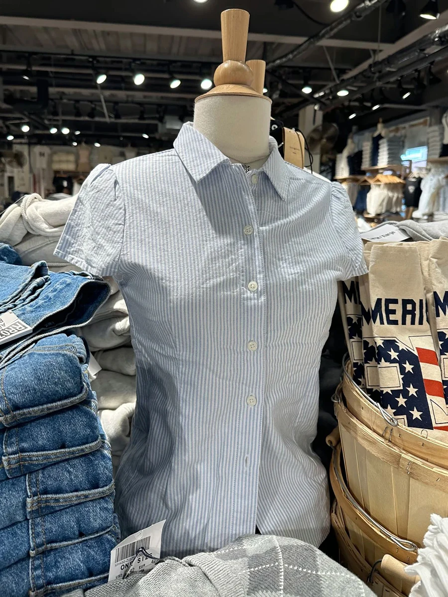 

Light Blue Striped Slim T-shirt Blouse Women Turndown Collar Single Breasted Short Sleeve Sweet Casual Simple Cotton Tee Shirts