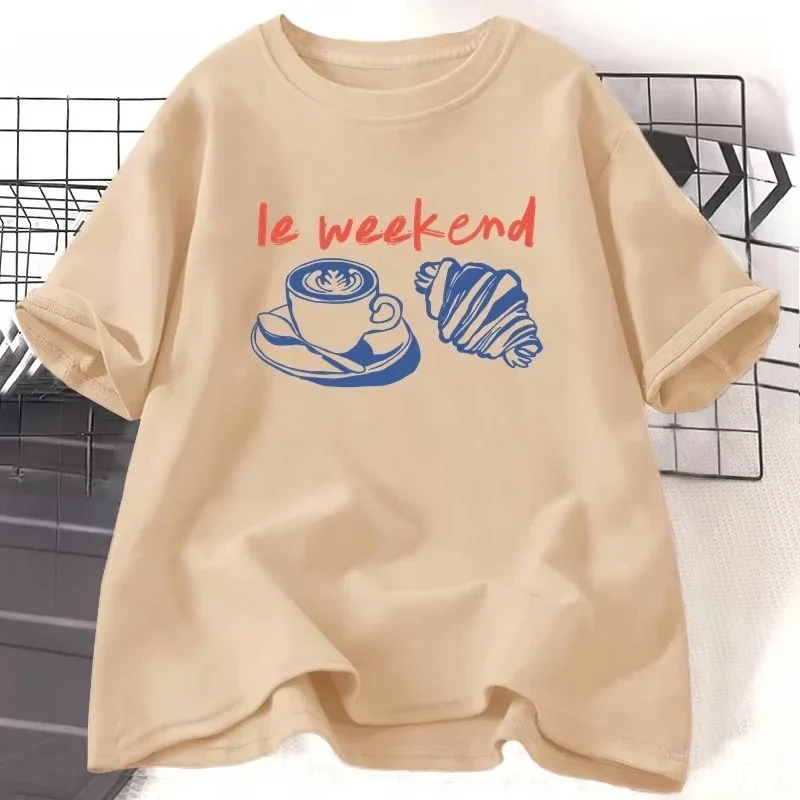 Weekend Coffee Tshirt Croissant French Kids and Woman Man Weekending T-Shirt Retro Graphic Tee Casual Cotton Short Sleeve Tees