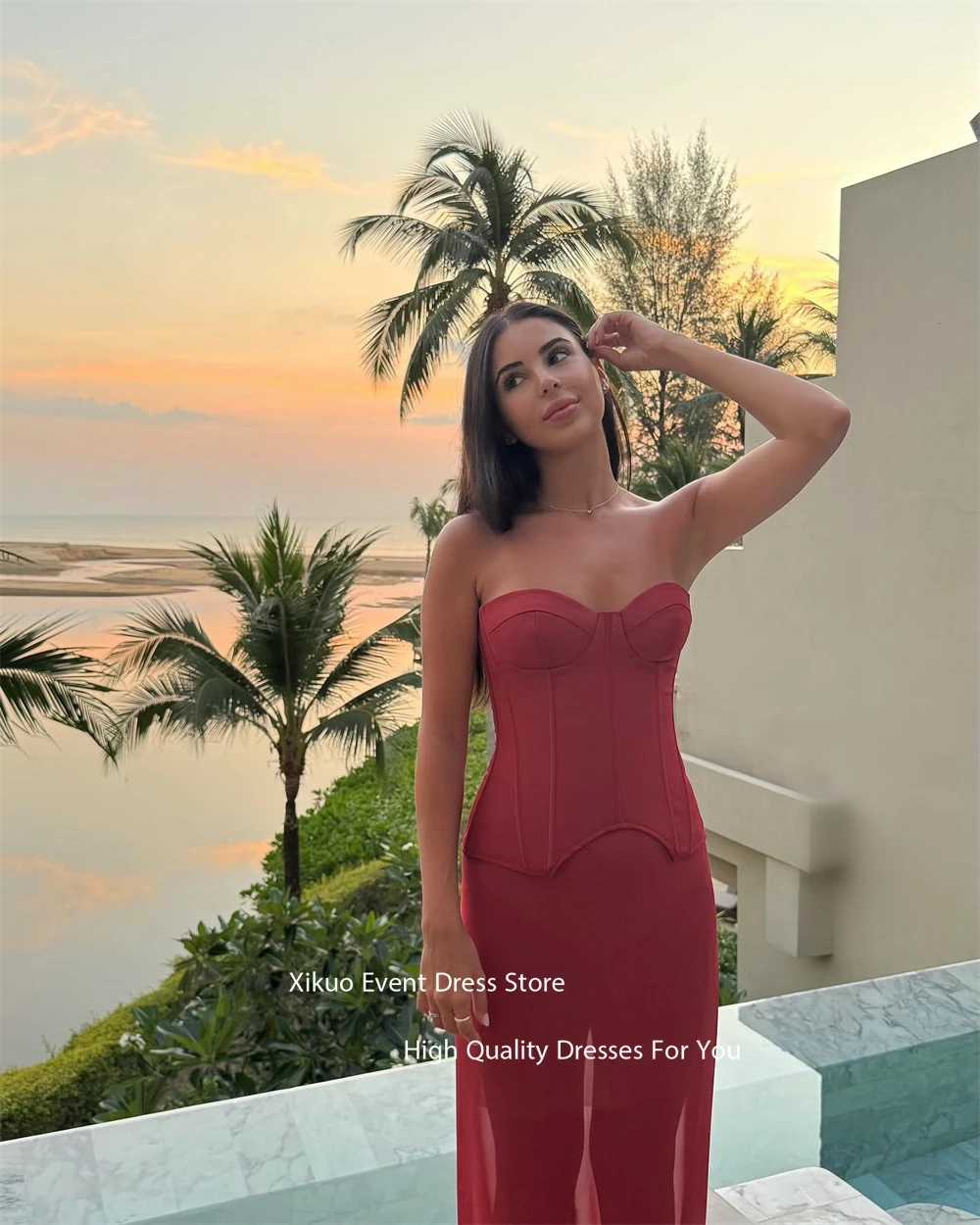 Xikuo Graceful Sweetheart Evening Dresses Mermaid Burgundy  Illusion Party Gowns Sexy Floor Length Celebrity Dresses Customized