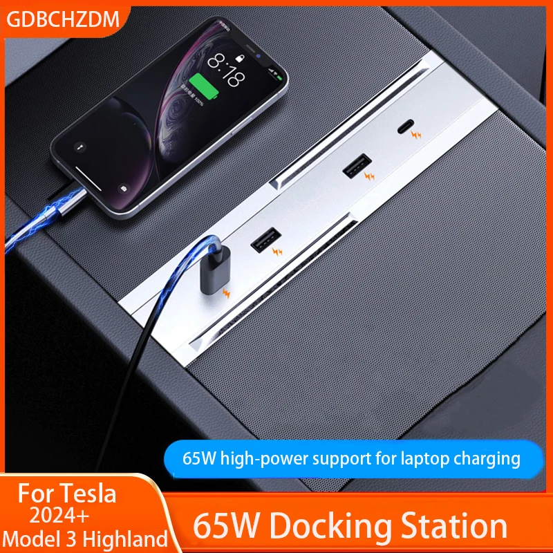 For Tesla Model 3 Highland 2024 65W Expansion Dock Central Control Charging Shunt USB HUB Accessories Extender Fast Intelligent