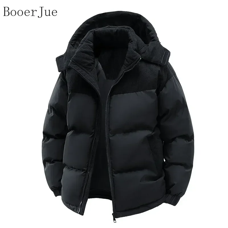 Winter Outerwear Men Camping Color Block Detachable Hood Cotton Parka Thickened Fleece Lined Zipper Front Windproof Cold Proof