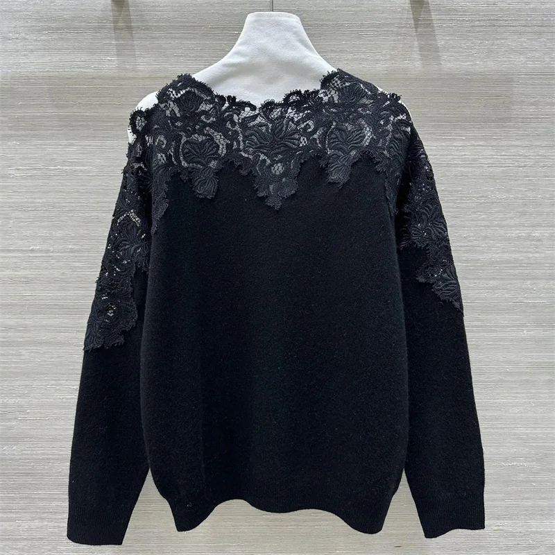 Damenpullover Neues elastisches Strickoberteil mit schmaler Passform und langen Ärmeln für den Herbst 2025. Spitzen-Patchwork-Pullover aus Kaschmirmischung