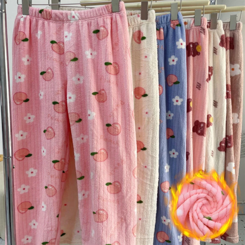Winter Coral Fleece Warm Sleep Pants Cute Pattern Loose Elastic Waist Fluffy Loungewear Trousers Soft Home Casual Pajama Pants